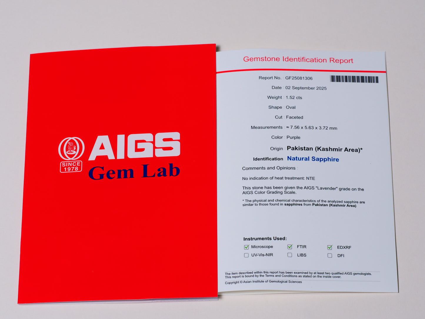 Certified No heat 1.52ct Kashmir Purple Sapphire