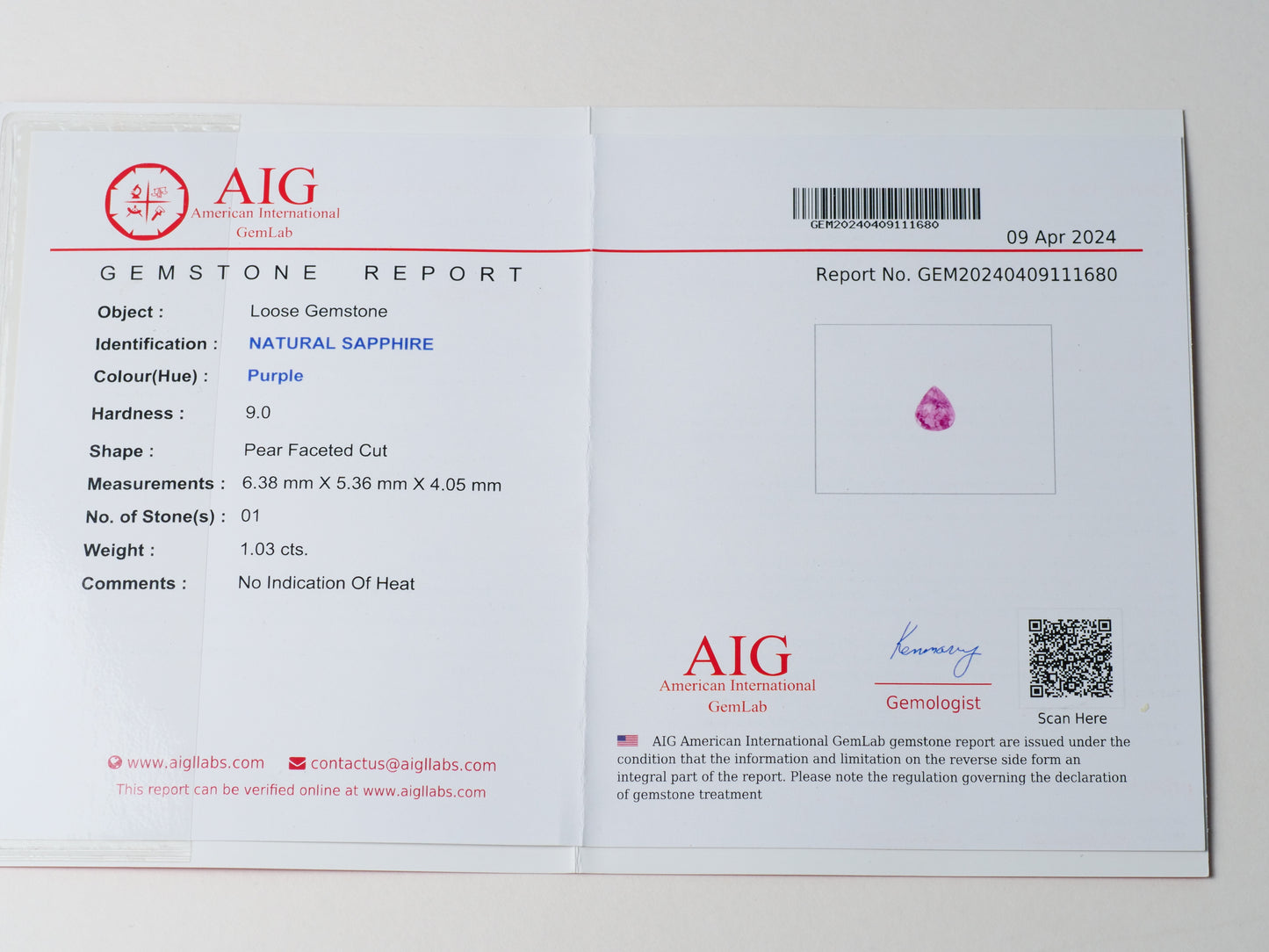 Certified No heat 1.03ct Purple Sapphire