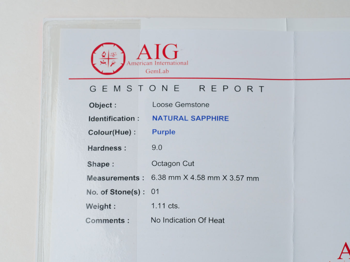 Certified No heat 1.11ct Purple Sapphire