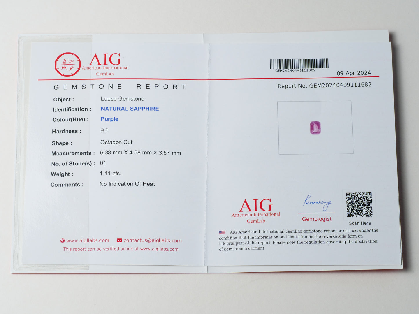 Certified No heat 1.11ct Purple Sapphire