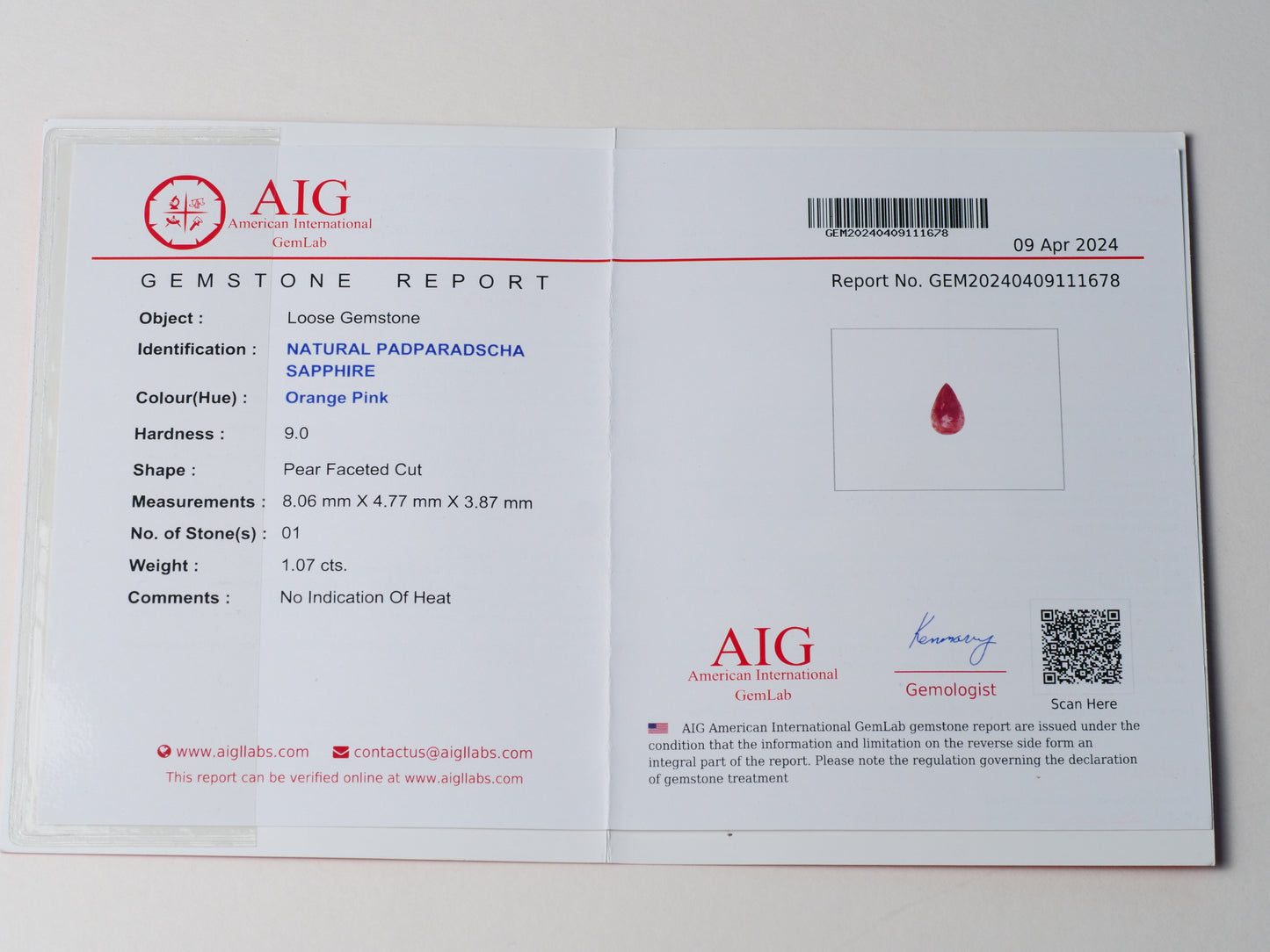 Certified No heat 1.07ct Padparadscha Sapphire