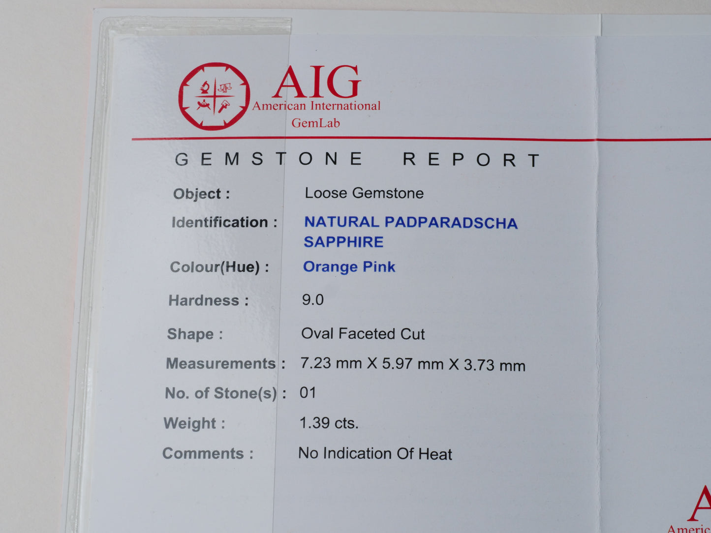 Certified No heat 1.39ct Padparadscha Sapphire