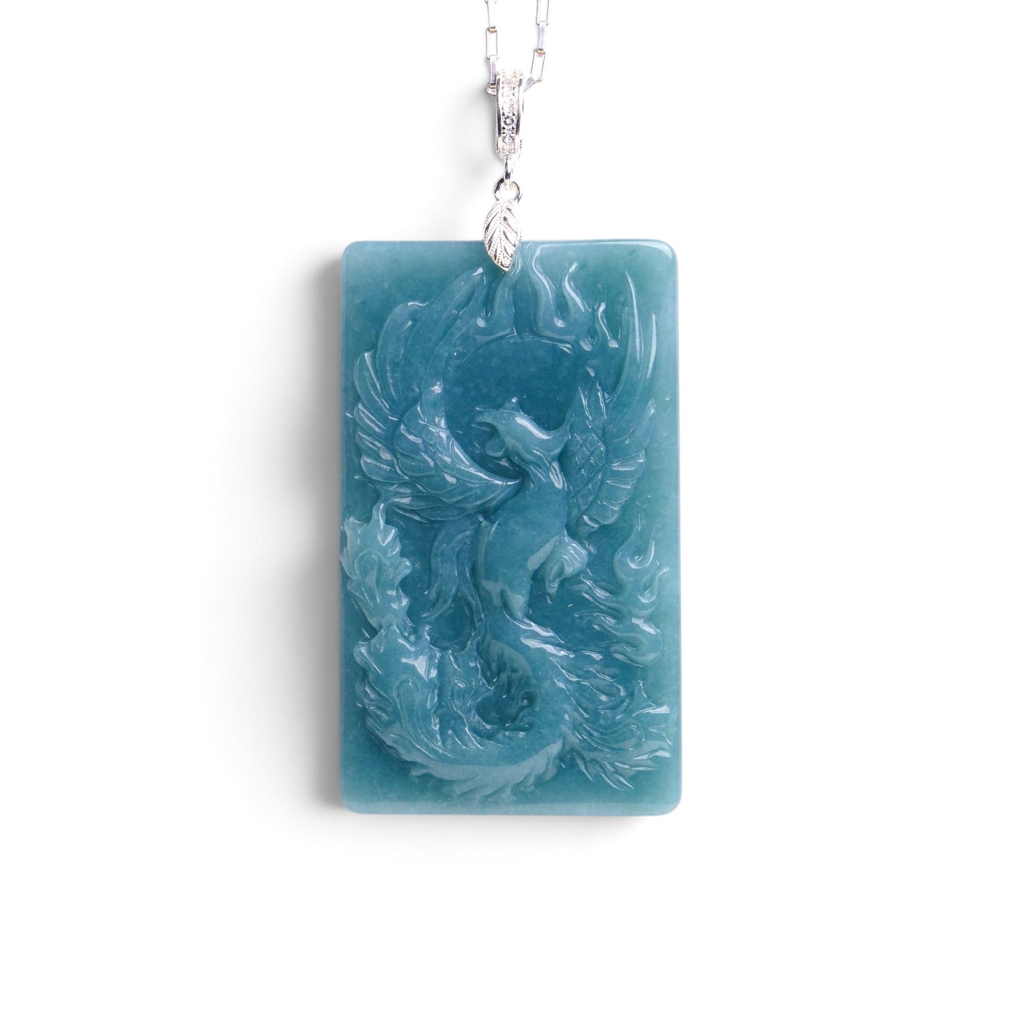 OYDN47 DHJ Type A Blue Jadeite Phoenix Frame Carved Pendant