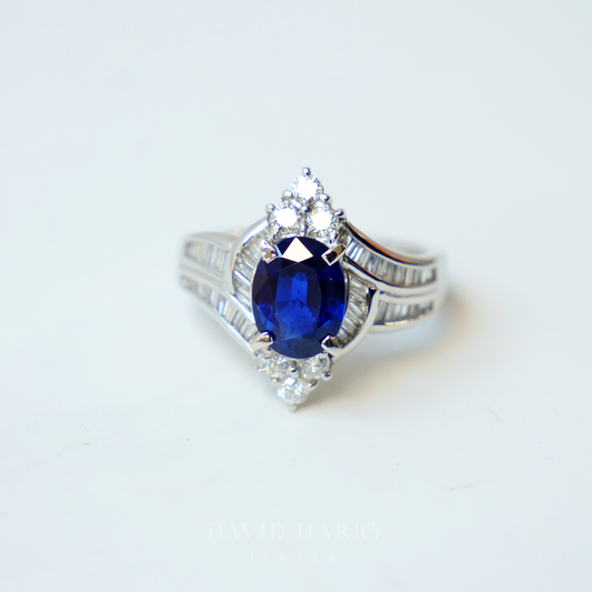 Antique 2ct Ceylon Sapphire & 0.76ct Diamond Platinum Ring