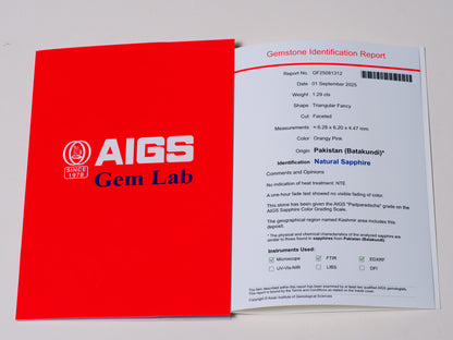 Certified No heat 1.29ct Kashmir Padparadscha Sapphire