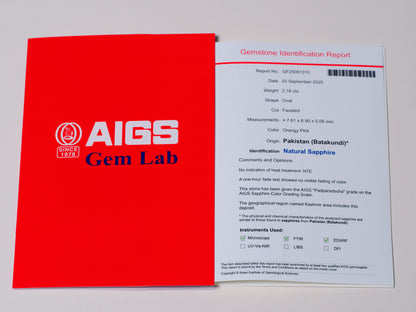 Certified No heat 2.18ct Kashmir Padparadscha Sapphire