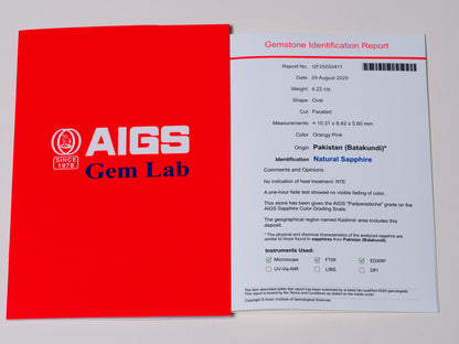 Certified No heat 4.22ct Kashmir Padparadscha Sapphire