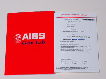 Certified No heat 1.52ct Kashmir Purple Sapphire