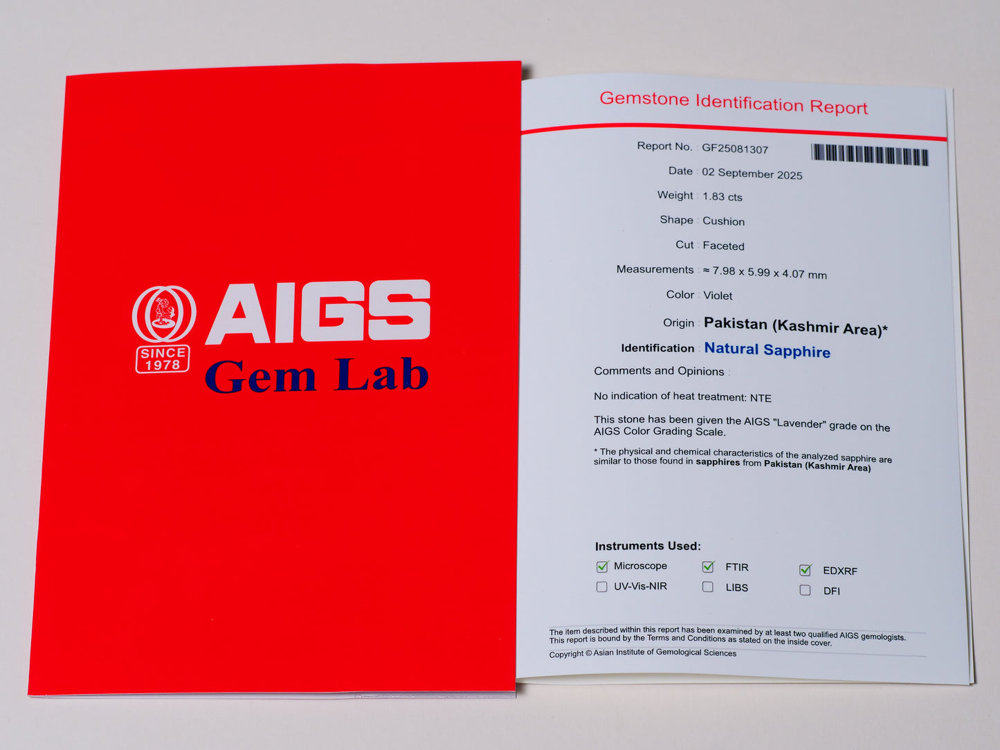 Certified No heat 1.83ct Kashmir Violet Sapphire