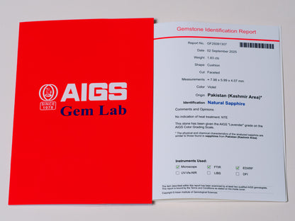 Certified No heat 1.83ct Kashmir Violet Sapphire