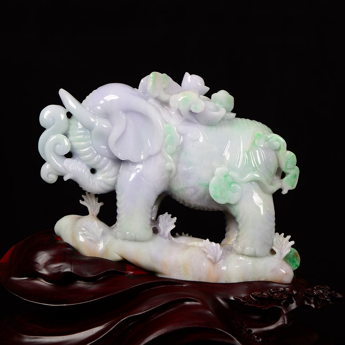 "Majestic Serenity" Type A bicolour green and lavender elephant Jadeite sculpture.