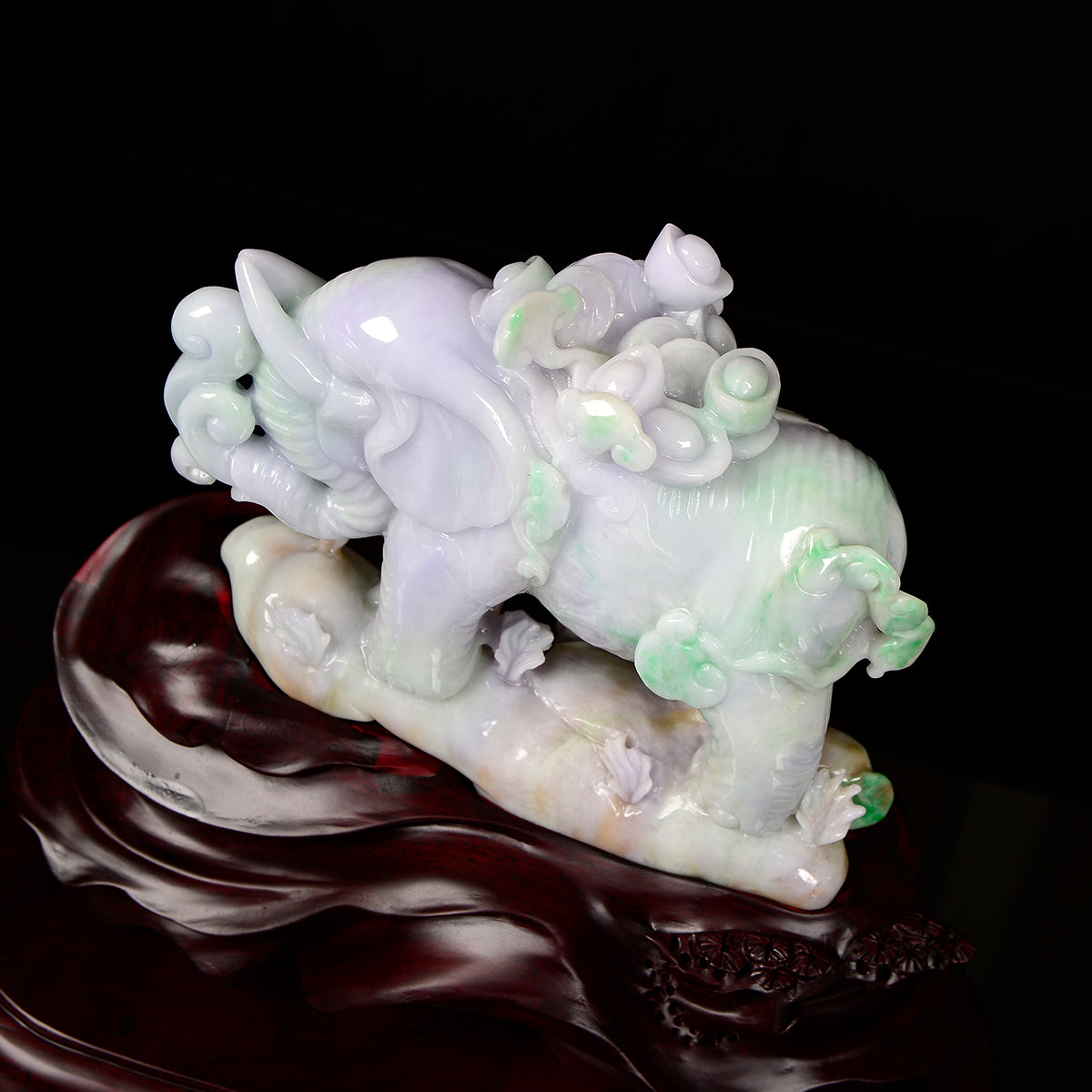 "Majestic Serenity" Type A bicolour green and lavender elephant Jadeite sculpture.