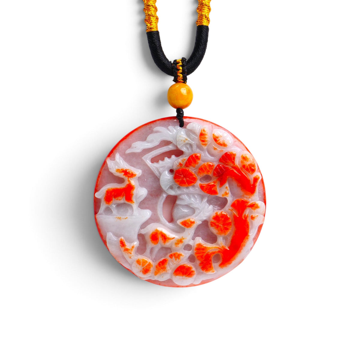 JODN57 DHJ Bi-colour Burmese Jadeite Deer Carved Pendant Rope Necklace