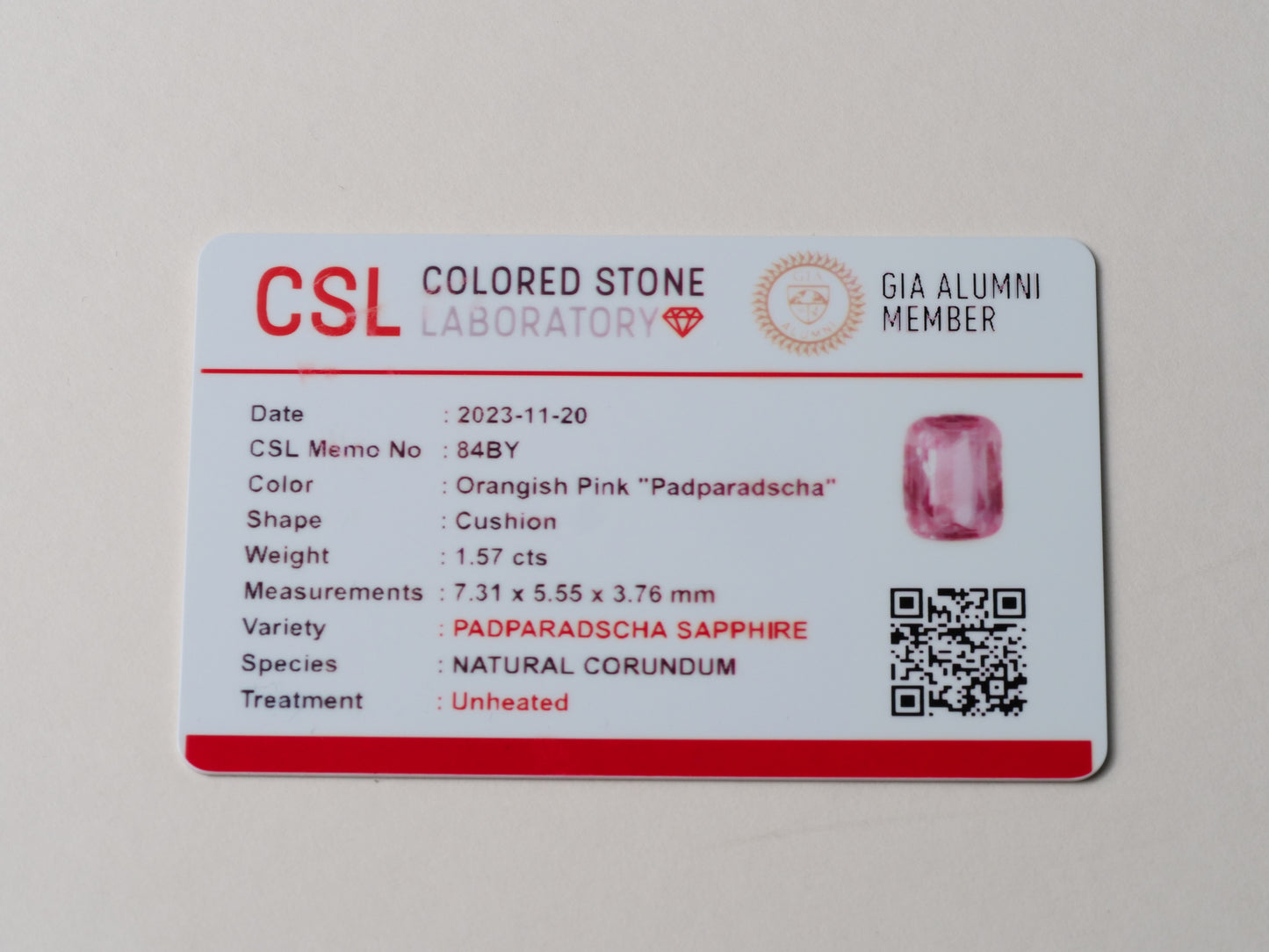 Certified No heat 1.57ct Padparadscha Sapphire