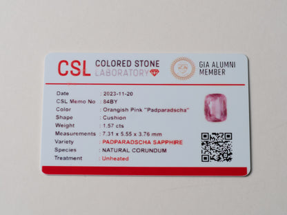 Certified No heat 1.57ct Padparadscha Sapphire