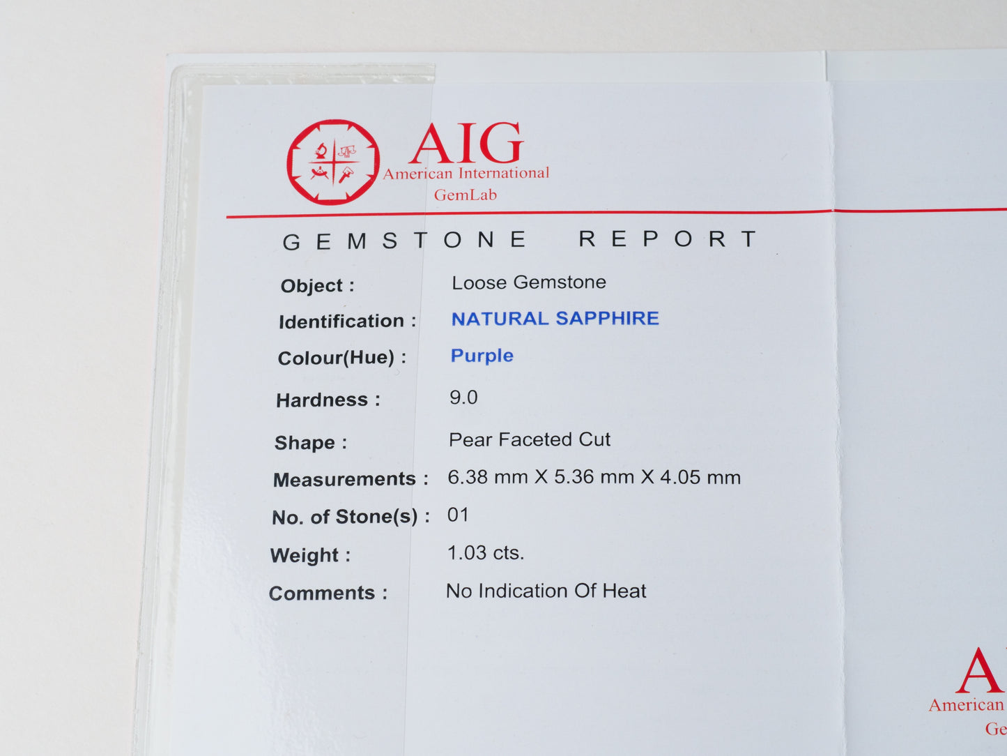 Certified No heat 1.03ct Purple Sapphire