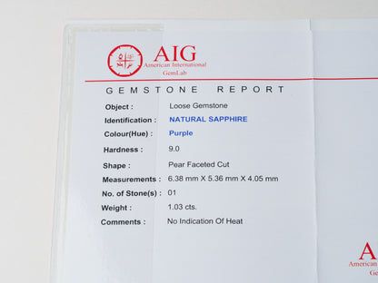 Certified No heat 1.03ct Purple Sapphire