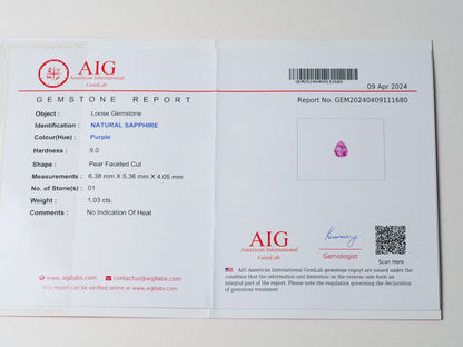 Certified No heat 1.03ct Purple Sapphire