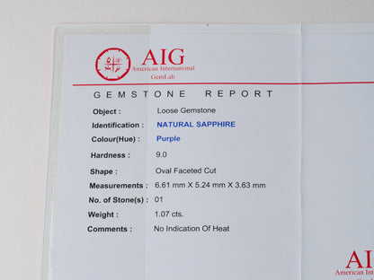 Certified No heat 1.07ct Purple Sapphire