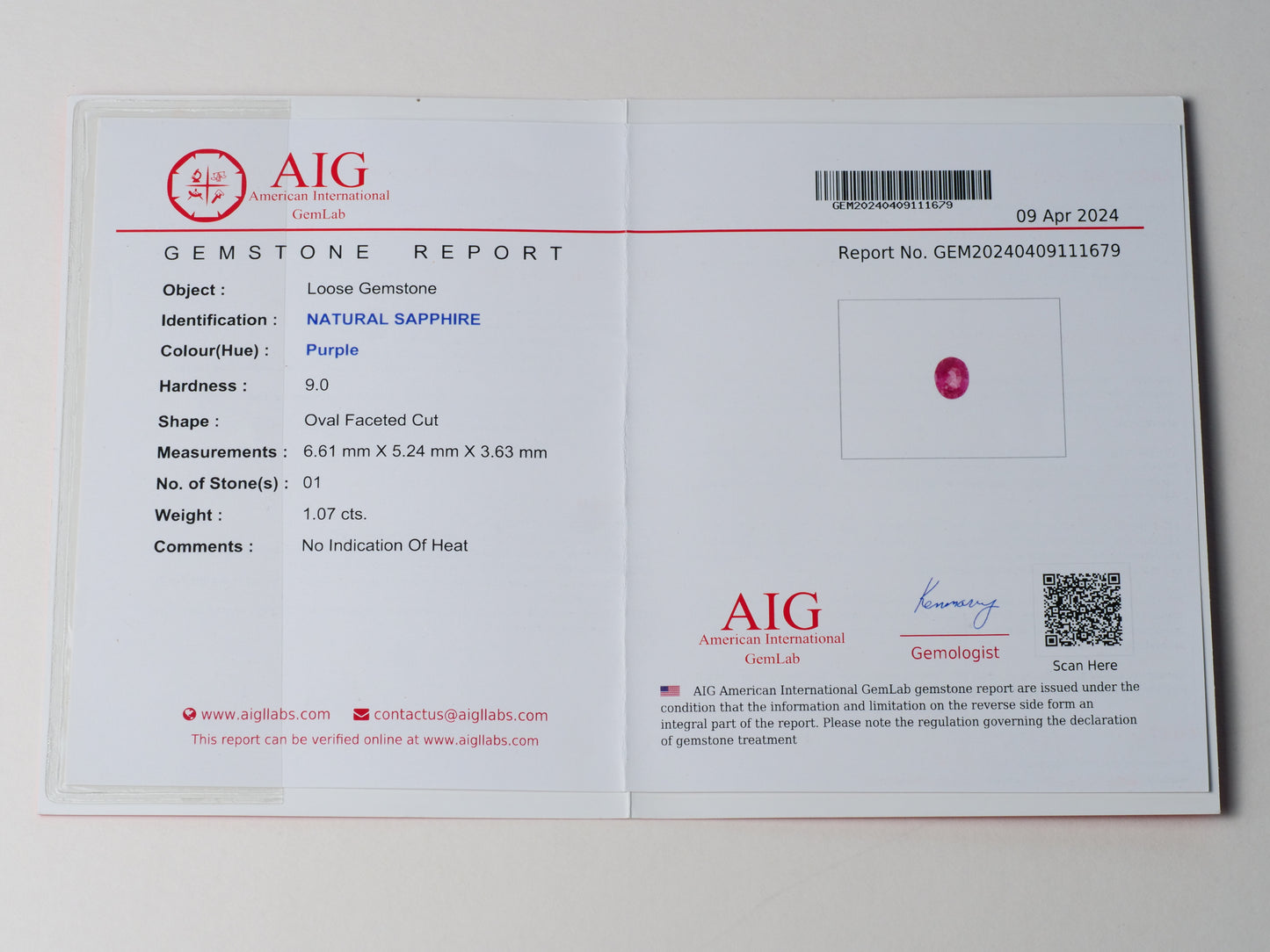 Certified No heat 1.07ct Purple Sapphire