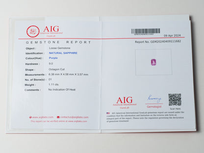 Certified No heat 1.11ct Purple Sapphire