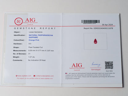 Certified No heat 1.07ct Padparadscha Sapphire