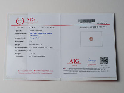 Certified No heat 1.39ct Padparadscha Sapphire