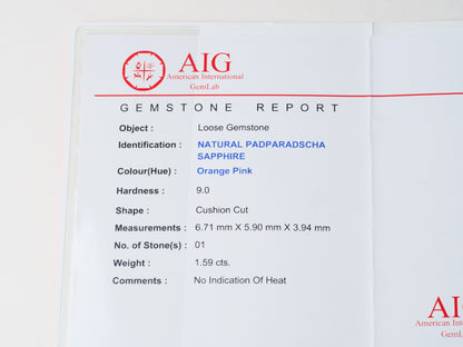 Certified No heat 1.59ct Padparadscha Sapphire