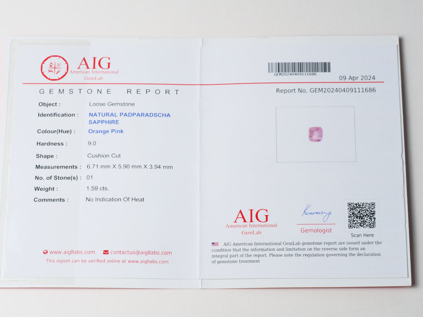 Certified No heat 1.59ct Padparadscha Sapphire