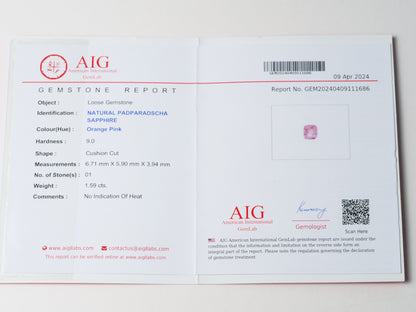 Certified No heat 1.59ct Padparadscha Sapphire