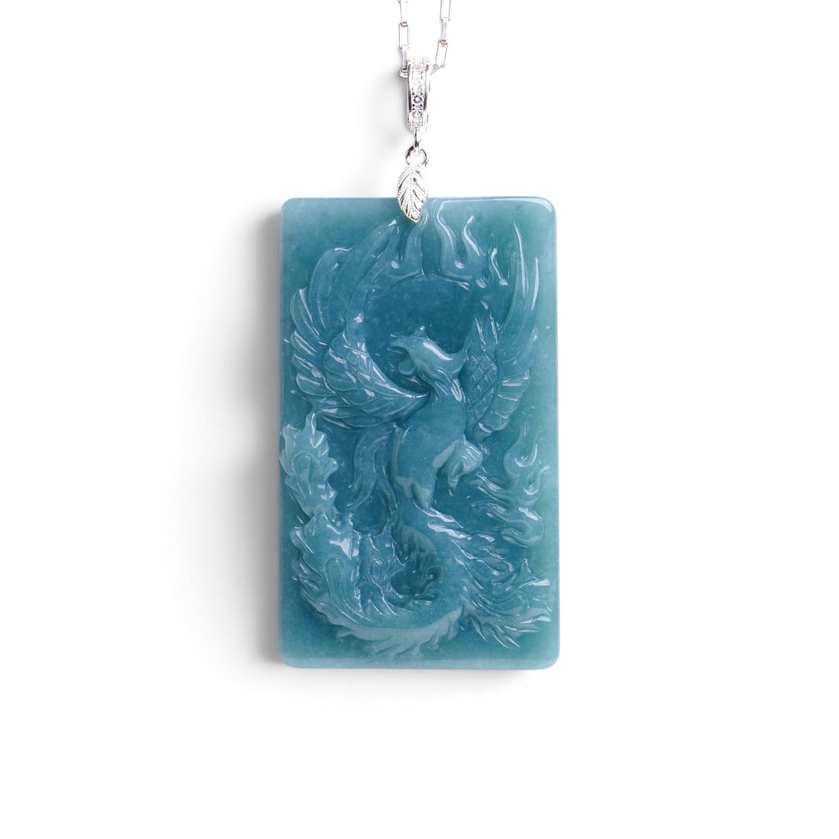 OYDN47 DHJ Type A Blue Jadeite Phoenix Frame Carved Pendant