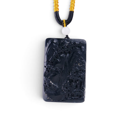 RODN68 The Dragon Gate Black Mutton Fat Jade Landscape Carved Pendant