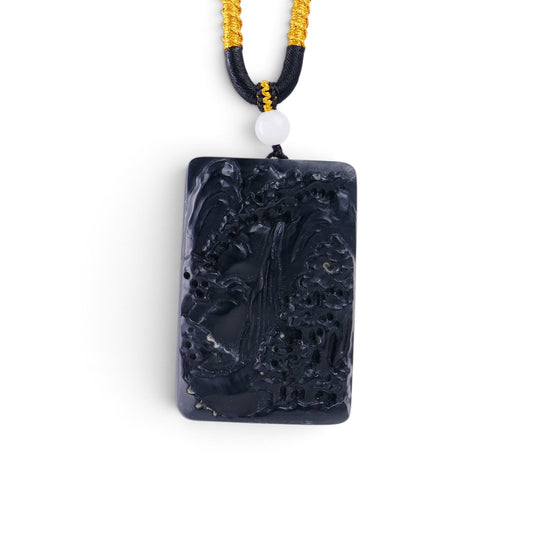 RODN68 The Dragon Gate Black Mutton Fat Jade Landscape Carved Pendant
