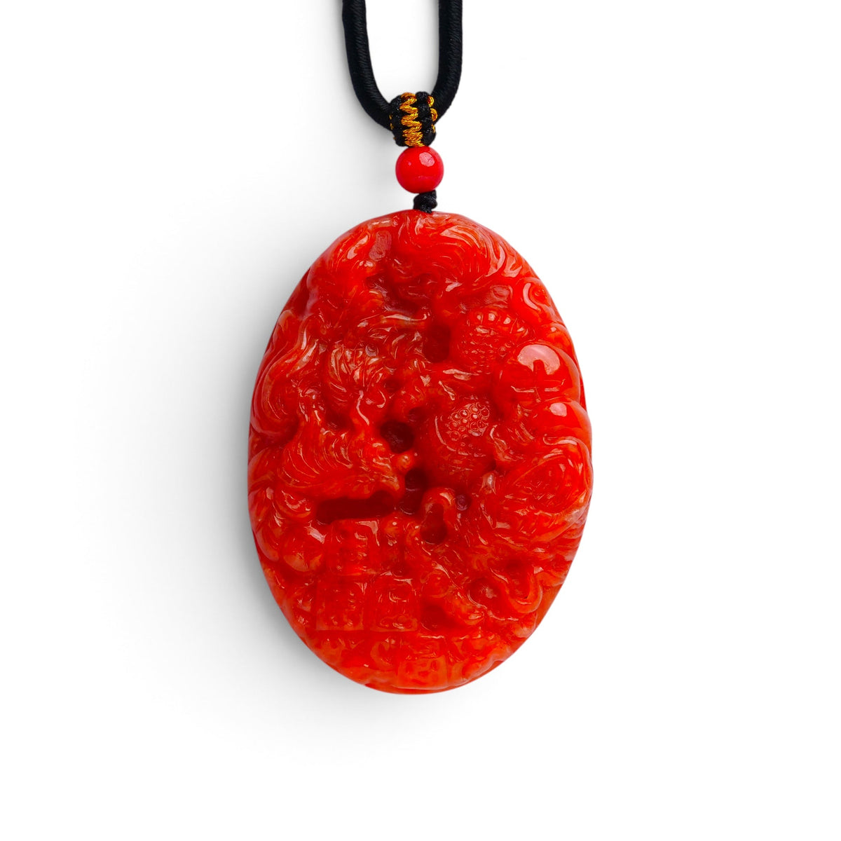 ULDN56 Red Burmese Jadeite Auspicious Dragon and Phoenix Carving
