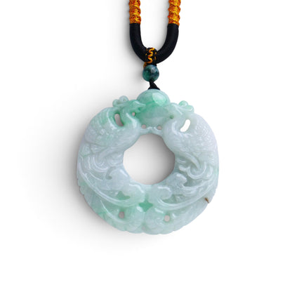 XPDN94 Type A Dark Floating Flower Burmese Jadeite Dragon and Pearl Carved Pendant On Rope