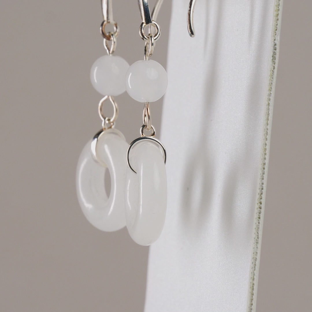 White Khotan Mutton Fat Huaigu Earrings in 925 Sterling Silver