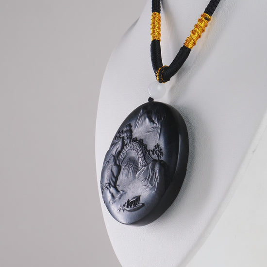 DHJ Black Mutton Fat Jade Landscape Double Sided Carving