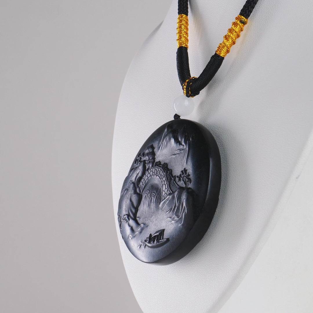 DHJ Black Mutton Fat Jade Landscape Double Sided Carving