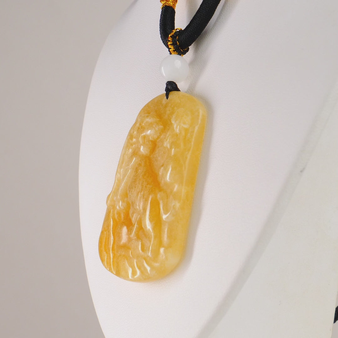 Yellow Huanglong Jade Tiger Carved Pendant With Khotan Mutton Fat Jade On Rope Necklace