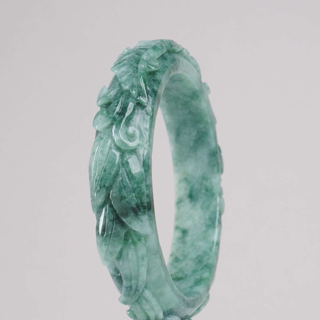 Type A Dark Floating Flower Burmese Jadeite Phoenix Carved Bangle