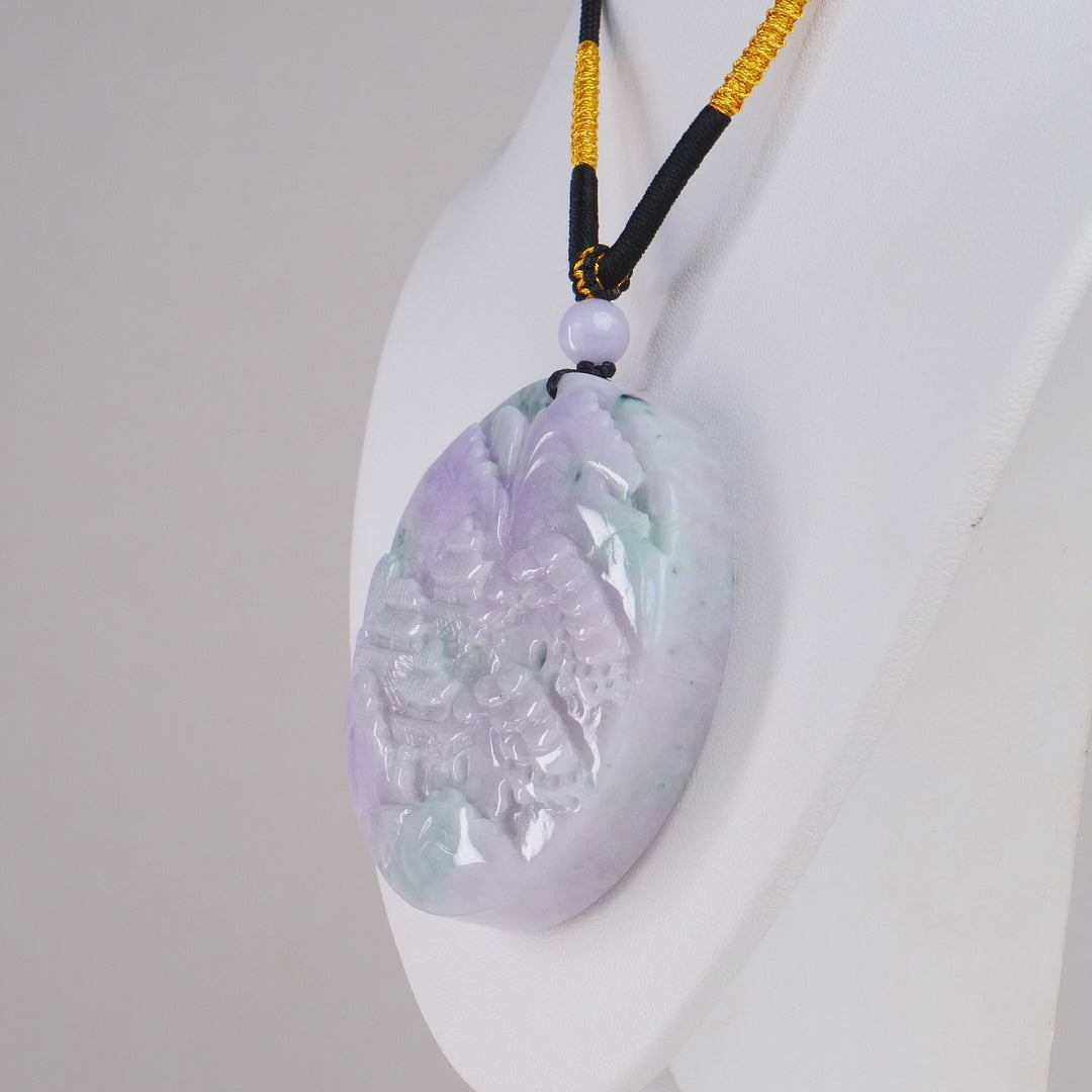 Type A Burmese Lavender Green Landscape Carved Pendant