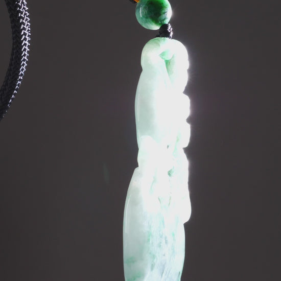 Type A Dark Floating Flower Burmese Jadeite Monkey Carved Pendant On Rope