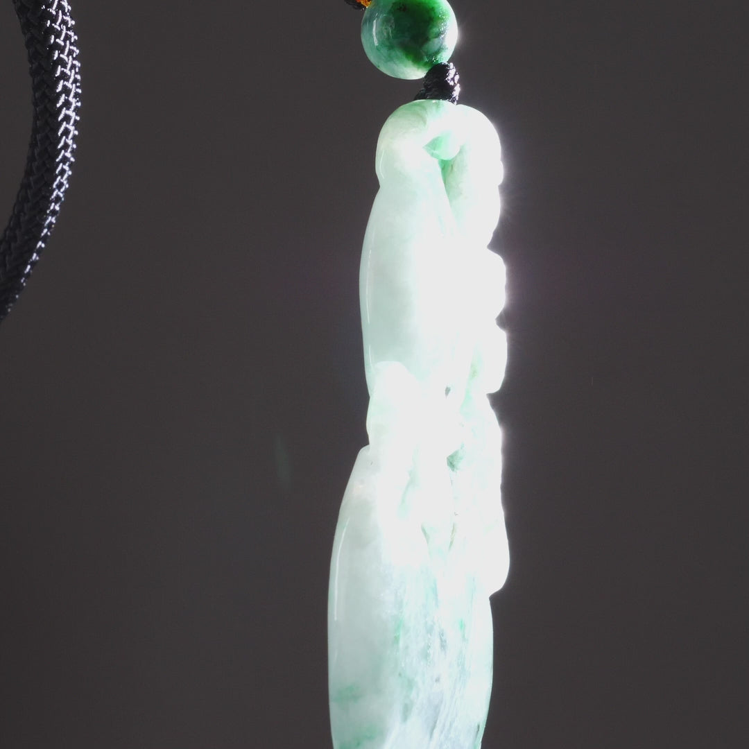 Type A Dark Floating Flower Burmese Jadeite Monkey Carved Pendant On Rope