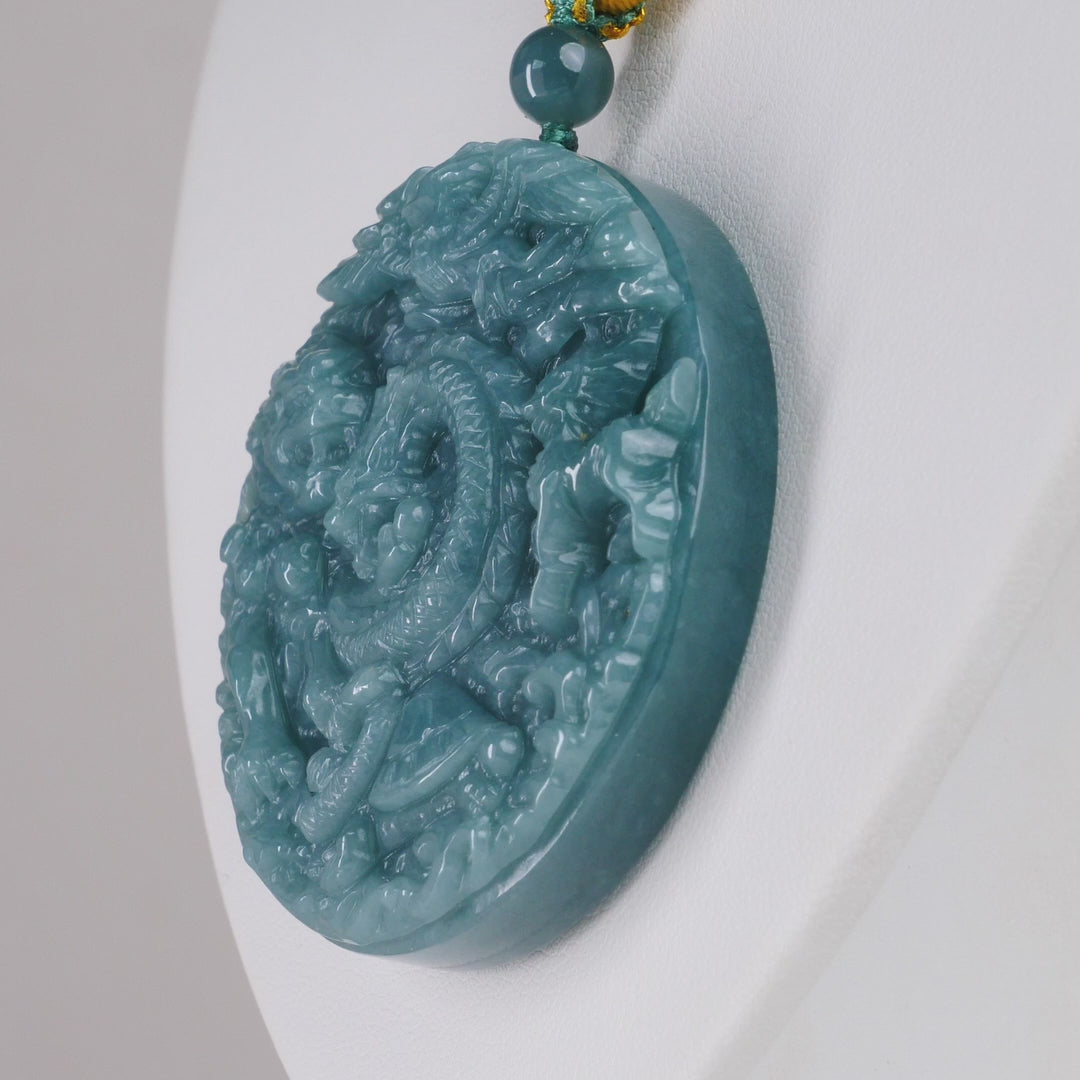 Type A Blue Jadeite Double Sided Carving On Rope, Yin Yang Reverse