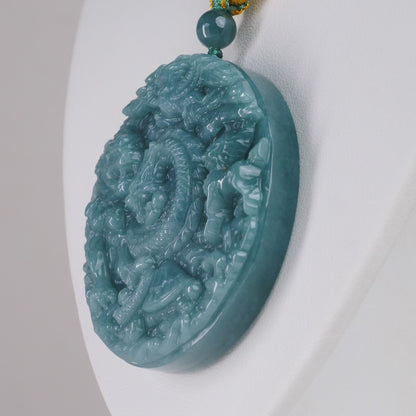 Type A Blue Jadeite Double Sided Carving On Rope, Yin Yang Reverse