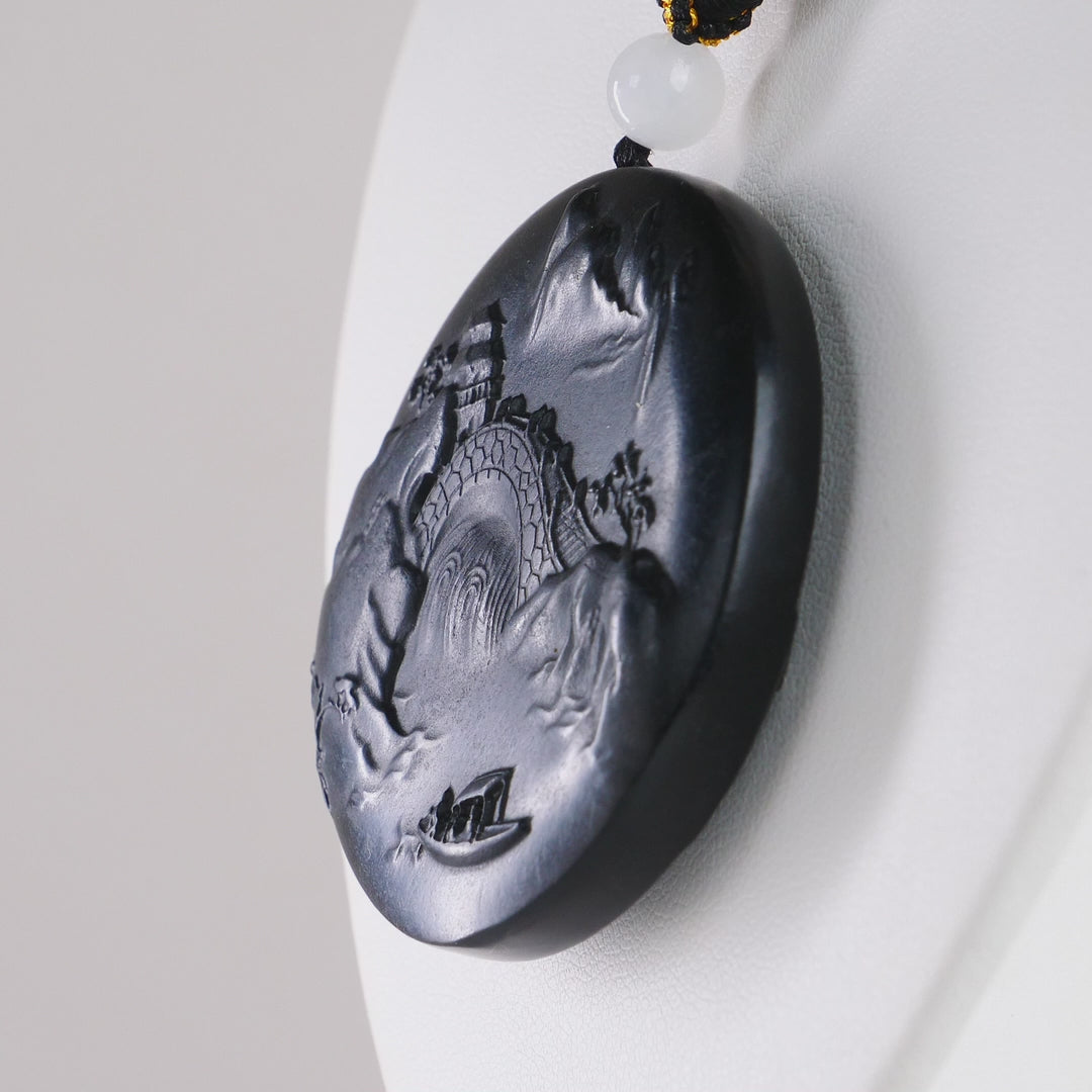 DHJ Black Mutton Fat Jade Landscape Double Sided Carving