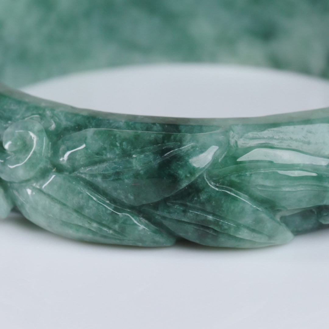 Type A Dark Floating Flower Burmese Jadeite Phoenix Carved Bangle