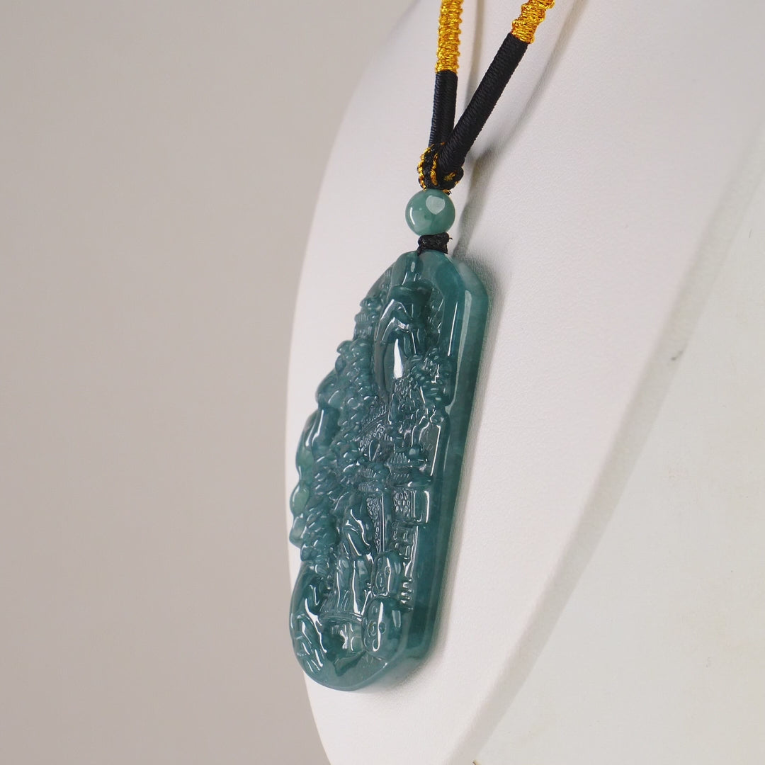 Olmec Jadeite Double Sided Landscape Carving On Rope Necklace