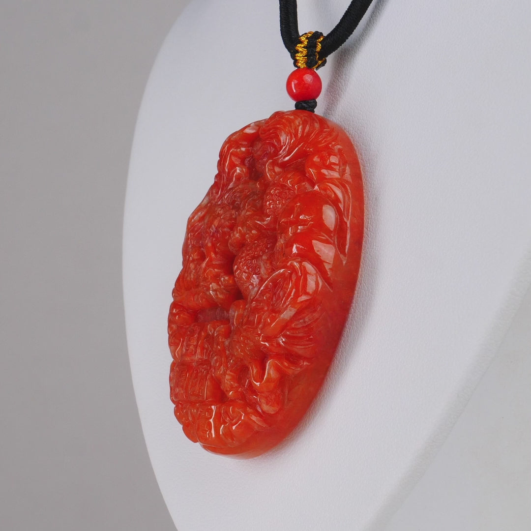 Red Burmese Jadeite Auspicious Dragon & Phoenix Carving