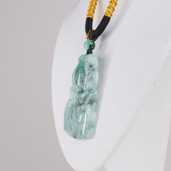 Type A Dark Floating Flower Burmese Jadeite Monkey Carved Pendant On Rope